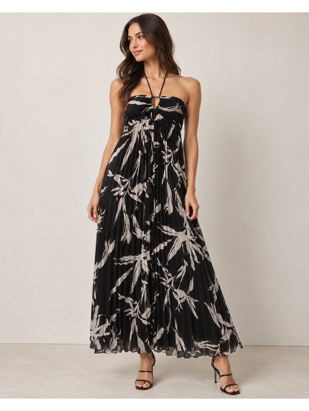 White House Black Market Black and Beige Floral Pleated Maxi Dress